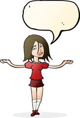 cartoon woman shrugging shoulders with speech bubble