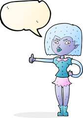 cartoon vampire girl giving thumbs up with speech bubble