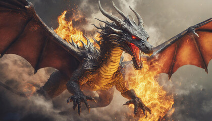 A Dragon Flying and Fire From its Mouth