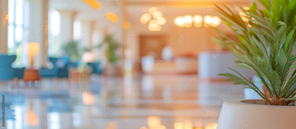 Sticker blurred background of hotel resort reception with vacation furniture