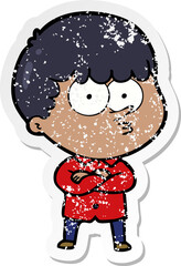 distressed sticker of a cartoon curious boy