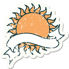 grunge sticker with banner of a sun