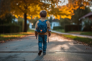 Young Child with Backpack Walking on Suburban Road. Generative AI.  - obrazy, fototapety, plakaty
