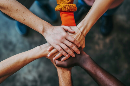 Diverse Group of Hands Together in Solidarity and Teamwork. Generative AI. 