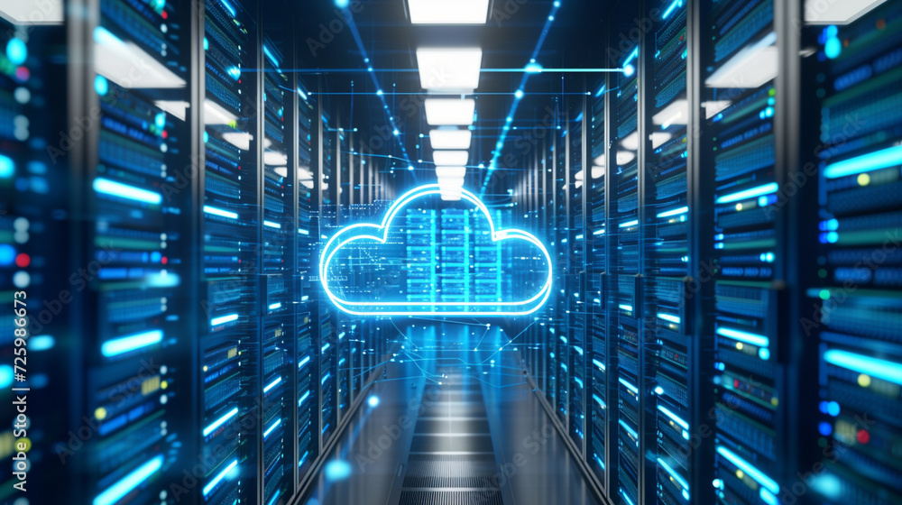 Poster a high-tech server room with rows of servers and a holographic cloud symbol floating above, indicati