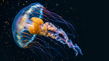 A mesmerizing and vibrant photograph capturing the breathtaking beauty of a jellyfish in the deep ocean. Isolated on a black background, its vivid colors and graceful form create a captivati
