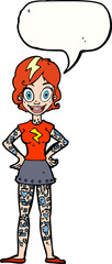 cartoon woman with heavy tattoos with speech bubble