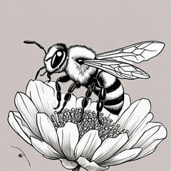 Bee on flower, black and white vector illustration, hand drawn sketch