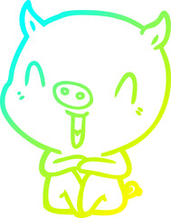 cold gradient line drawing happy cartoon sitting pig