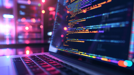 A close-up on a laptop screen displaying code with cloud service APIs and a blurred background of a modern data center, DevOps, Cloud Technologies, dynamic and dramatic compositions, with copy space - obrazy, fototapety, plakaty