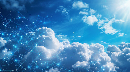 A network of interconnected nodes superimposed over a cloud-filled sky, symbolizing cloud computing networks, DevOps, Cloud Technologies, dynamic and dramatic compositions, with copy space - obrazy, fototapety, plakaty