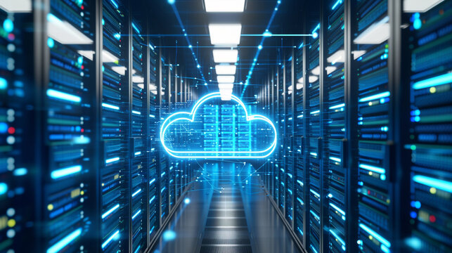 A high-tech server room with rows of servers and a holographic cloud symbol floating above, indicating cloud storage, DevOps, Cloud Technologies, dynamic and dramatic compositions, with copy space