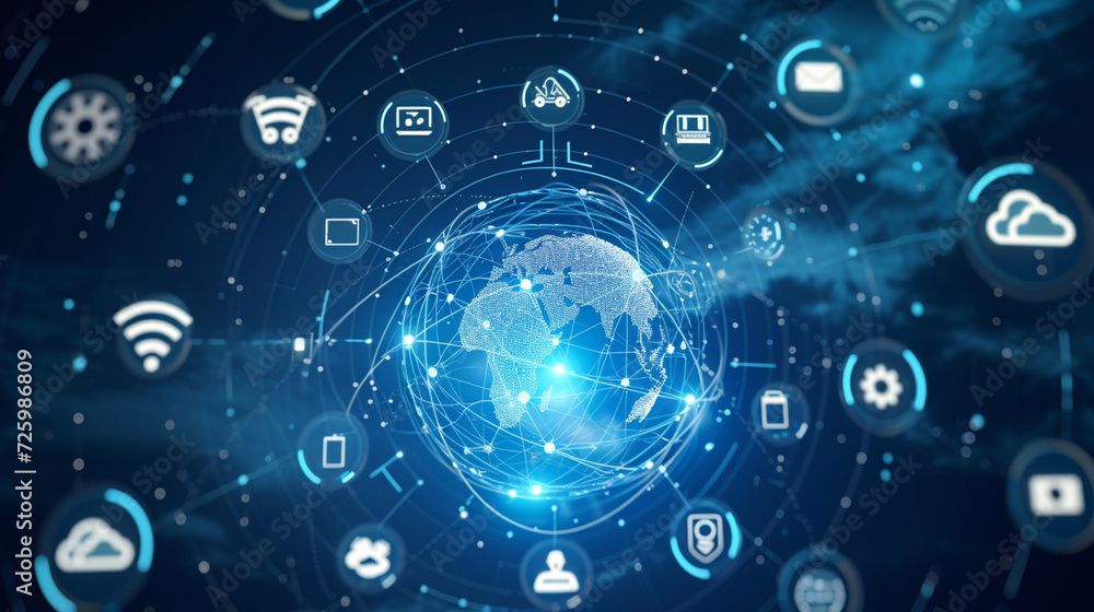 Poster a digital globe surrounded by icons of cloud services and applications, symbolizing global cloud sol