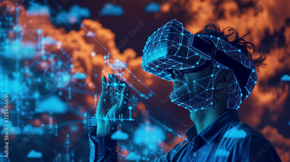 Aufkleber an engineer wearing virtual reality goggles interacting with a 3d cloud infrastructure model, devops
