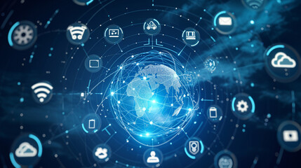 A digital globe surrounded by icons of cloud services and applications, symbolizing global cloud solutions, DevOps, Cloud Technologies, dynamic and dramatic compositions, with copy space