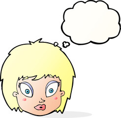 cartoon surprised female face with thought bubble