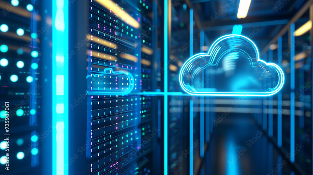 Poster a sleek, modern data center with lights reflecting off the servers and a translucent cloud symbol ov