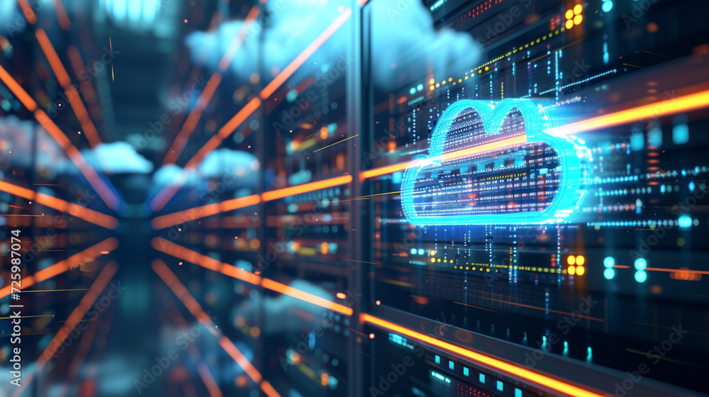 Poster a sleek, modern data center with lights reflecting off the servers and a translucent cloud symbol ov