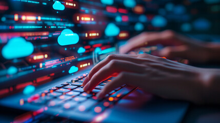 The hands of a developer typing on a glowing keyboard with cloud computing icons and scripts reflected on the screen, DevOps, Cloud Technologies, dynamic and dramatic compositions, with copy space - obrazy, fototapety, plakaty
