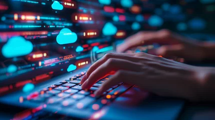 Foto op Plexiglas The hands of a developer typing on a glowing keyboard with cloud computing icons and scripts reflected on the screen, DevOps, Cloud Technologies, dynamic and dramatic compositions, with copy space © Катерина Євтехова