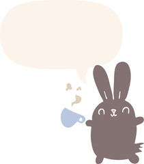cute cartoon rabbit and coffee cup and speech bubble in retro style