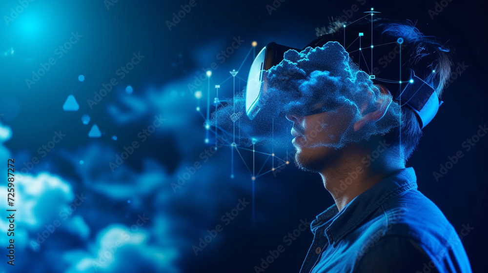 Poster an it engineer with a virtual reality headset interacting with a 3d cloud infrastructure model, proj