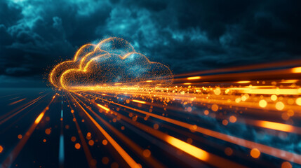 A high-speed data stream flowing into a cloud, visualized by streaks of light converging into a cloud shape, symbolizing fast cloud data exchange