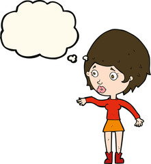 cartoon concerned woman reaching out with thought bubble