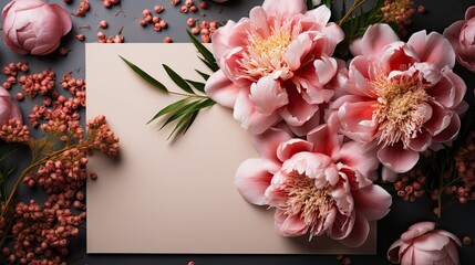 Mockup of invitation, blank paper greeting card and peonies flowers on a gray stone table