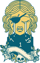 crying orc rogue character face with natural one D20 roll illustration