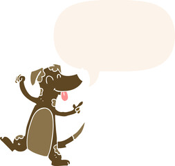 cartoon dancing dog and speech bubble in retro style