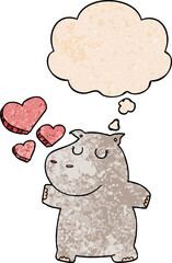 cartoon hippo in love and thought bubble in grunge texture pattern style
