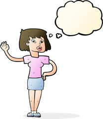 cartoon woman waving with thought bubble