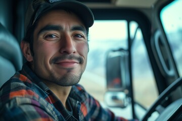 smiling happy professional truck driver looking into the camera
