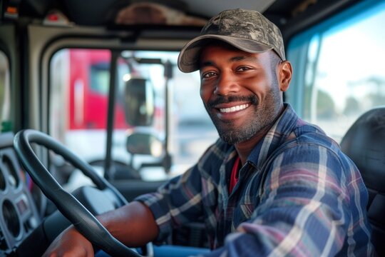 smiling happy professional truck driver looking into the camera