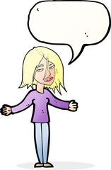 cartoon woman shrugging shoulders with speech bubble