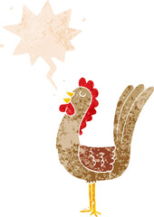 cartoon rooster and speech bubble in retro textured style