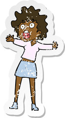 retro distressed sticker of a cartoon frightened woman