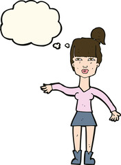 cartoon woman making dismissive gesture with thought bubble