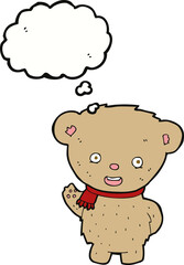 cartoon teddy bear waving with thought bubble