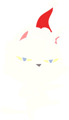 tough flat color illustration of a cat wearing santa hat