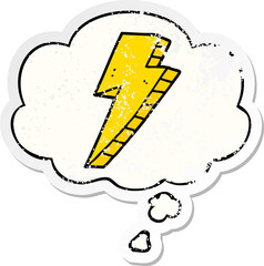 cartoon lightning bolt and thought bubble as a distressed worn sticker