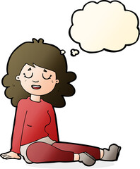 cartoon happy woman sitting on floor with thought bubble