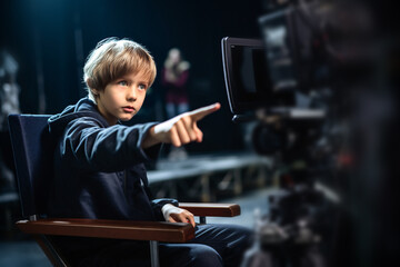 Boy director sits watching monitor and pointing fingers, directing action in studio. Children's dream jobs. Soft focus and blurred background. - obrazy, fototapety, plakaty