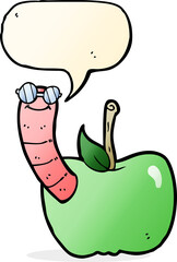 cartoon apple with worm with speech bubble