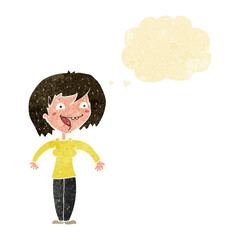 cartoon excited woman with thought bubble
