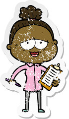 distressed sticker of a cartoon happy old lady