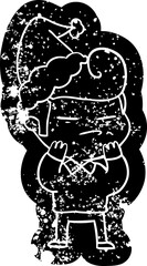 cartoon distressed icon of a cool guy with fashion hair cut wearing santa hat