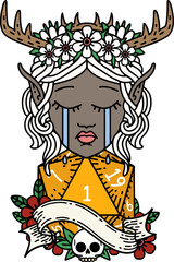 crying elf druid character face with natural one D20 dice roll illustration