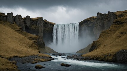 Powerful Waterfall in a Dramatic Landscape in northern atmostphere